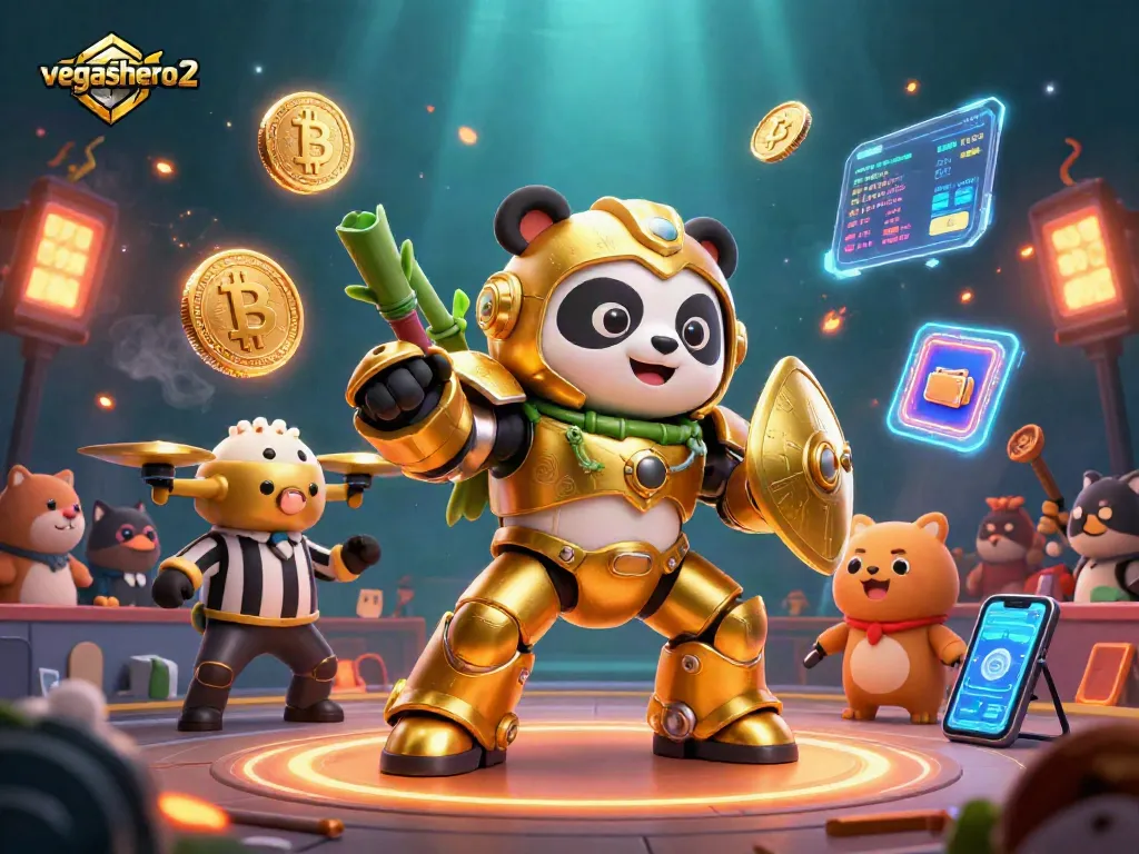 Engage with vegashero 2 through a vibrant 3D illustration of a golden panda robot in a lively casino arena.