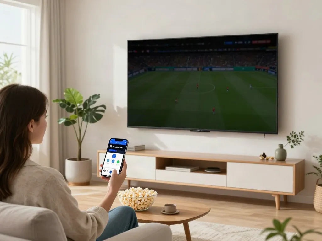 Pikashow Pro iOS user enjoying live sports streaming on iPhone in a cozy living room.