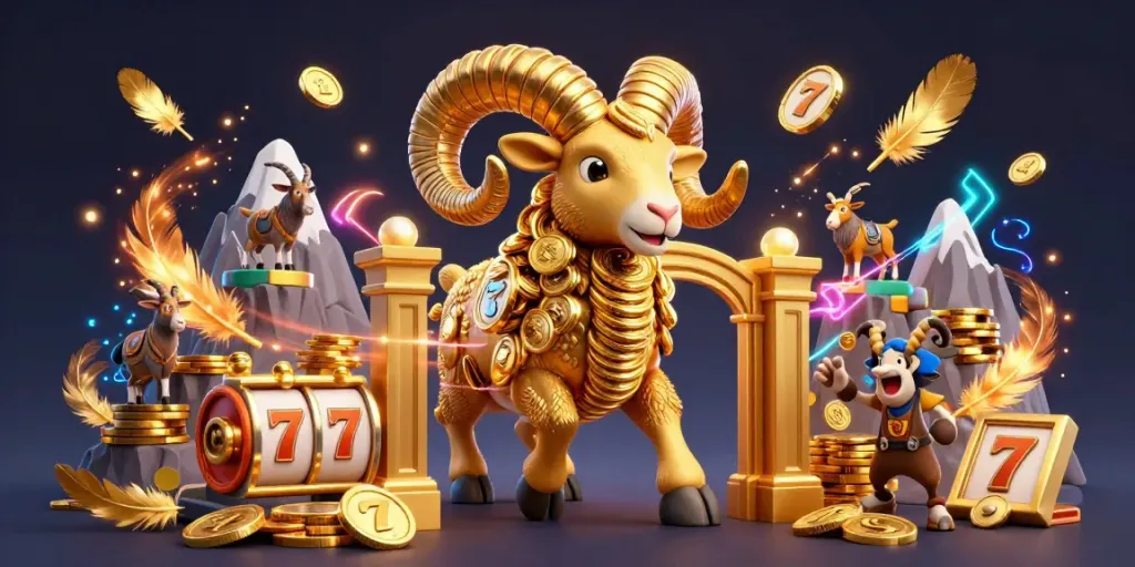 Experience the thrill of link slot games with a golden ram charging at a jackpot!