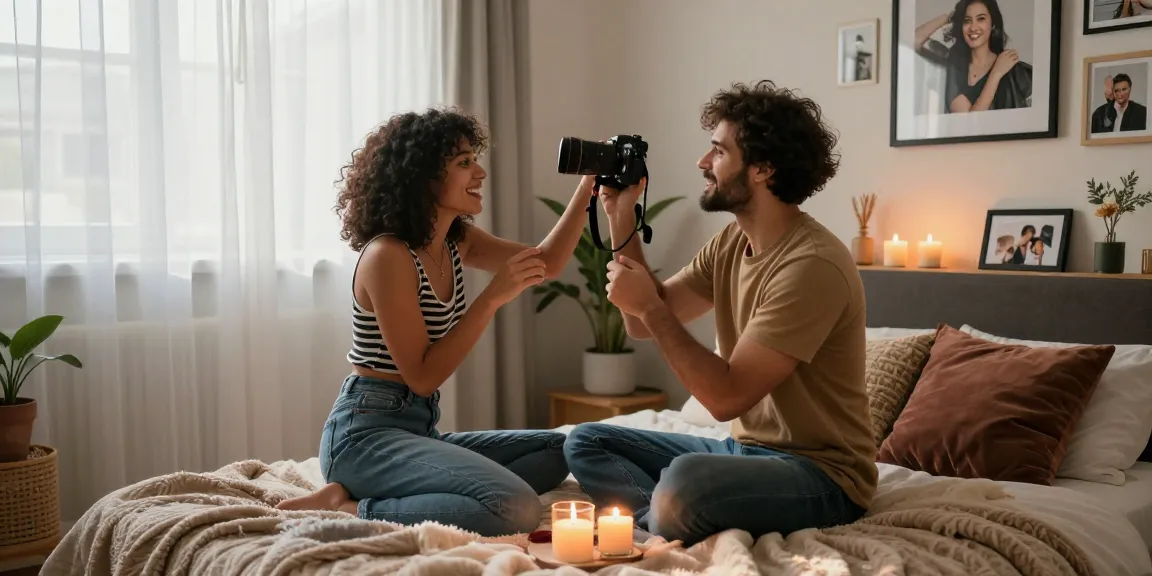 Amateur porn couple enjoying intimate moment in cozy home setting, highlighting romance and warmth.