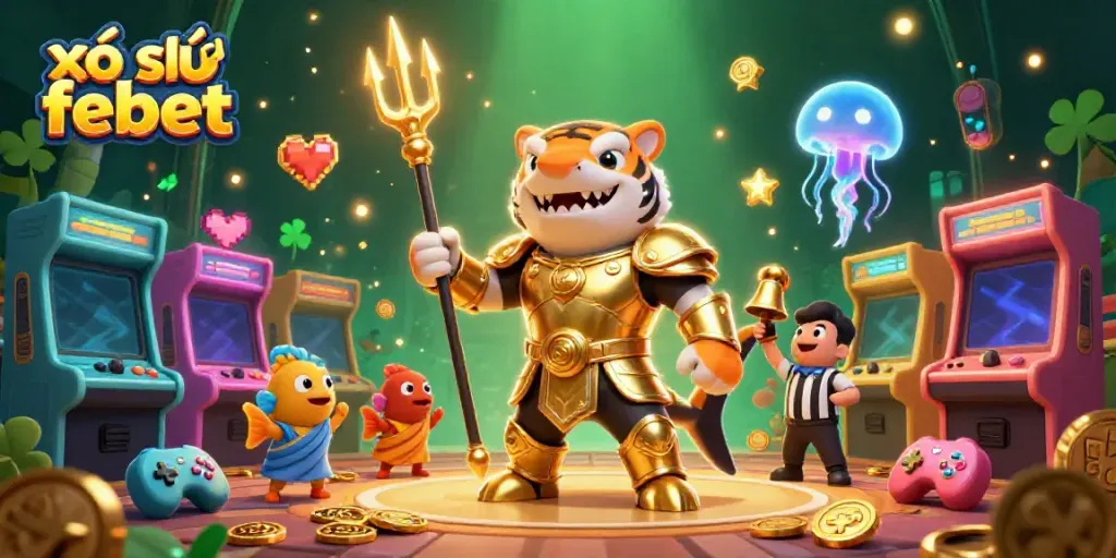 Experience thrilling xổ số febet excitement with a fierce tiger shark champion and vibrant game elements.