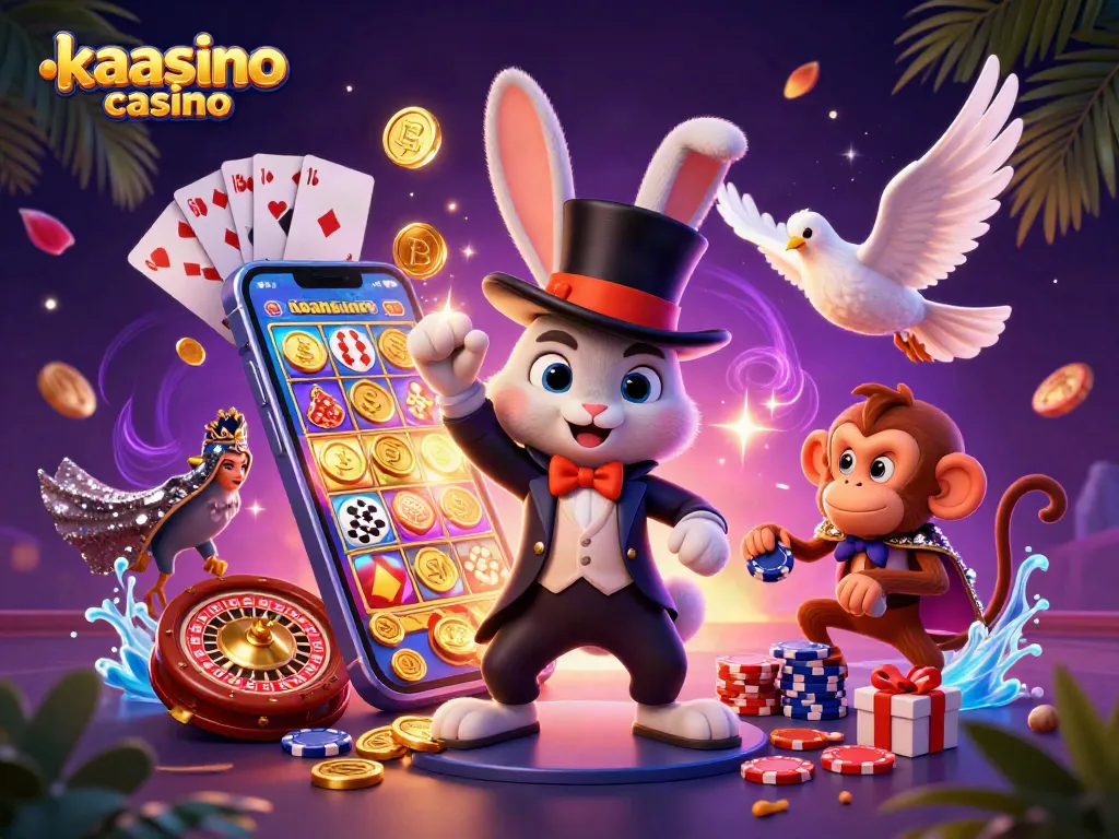 Kaasino casino magical scene with cartoon characters pulling coins, interactive games, and vibrant elements.