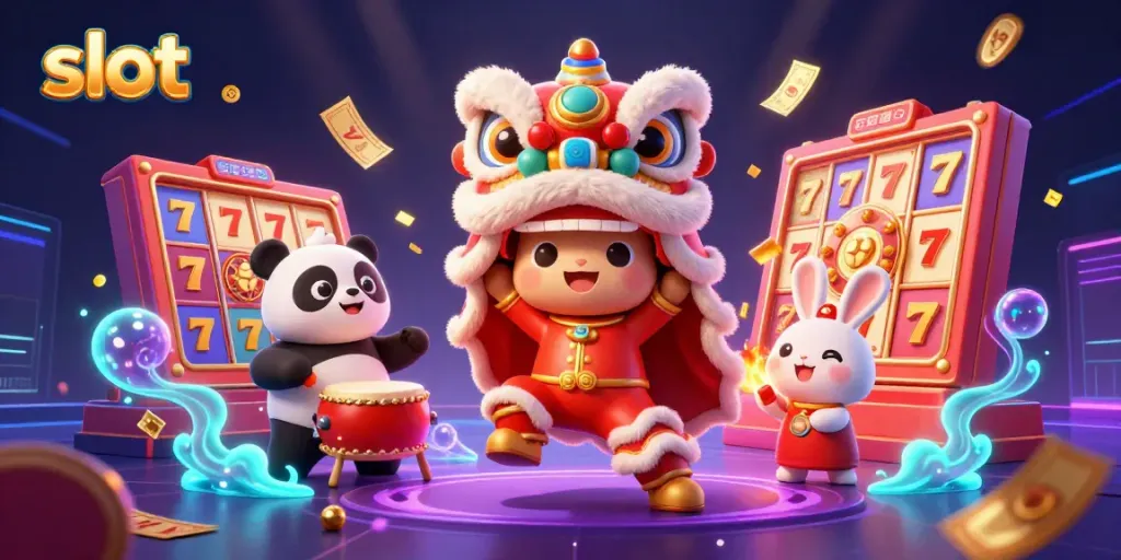 Experience thrilling slot gameplay with vibrant characters in 3D casino celebration atmosphere.