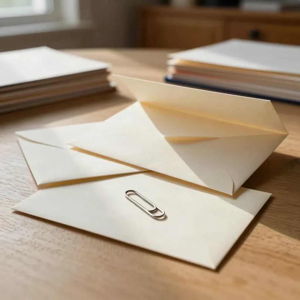 Open envelop, brief, notitiekaart en paperclip op eiken tafel met onscherpe kast op de achtergrond.