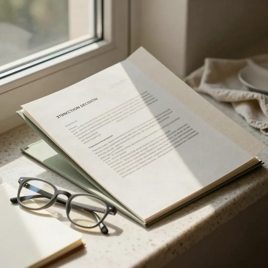 Opengeslagen beslissing met bril en notitieblok op travertin bij het raam