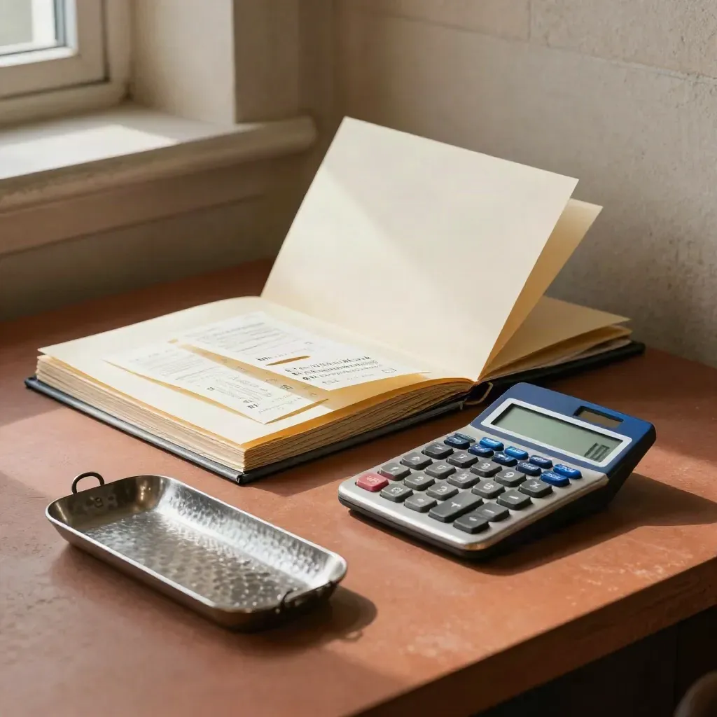 Boekhoudhoek met dossier, omgedraaide brieven, calculator en metalen brievenbakje in zacht licht.