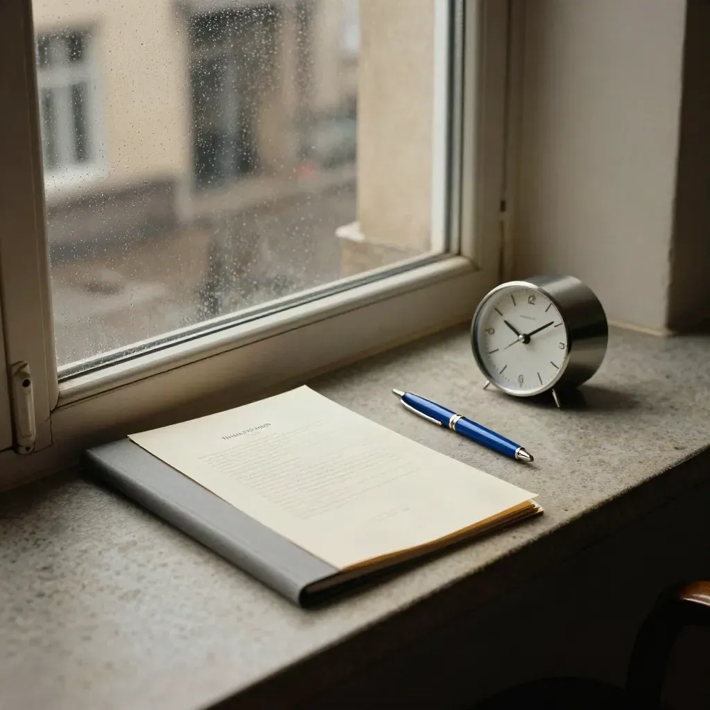 Dichtgevouwen pro-forma brief, map, pen en klokje op een sidetable bij een raam.