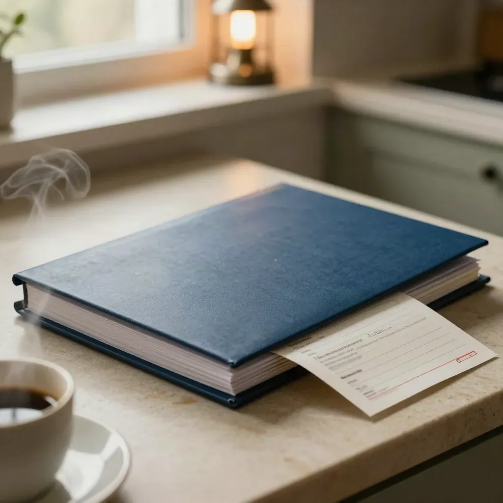 Blauwe zorgmap naast een bezwaarschrift op een keukenblad met stoom en lamp