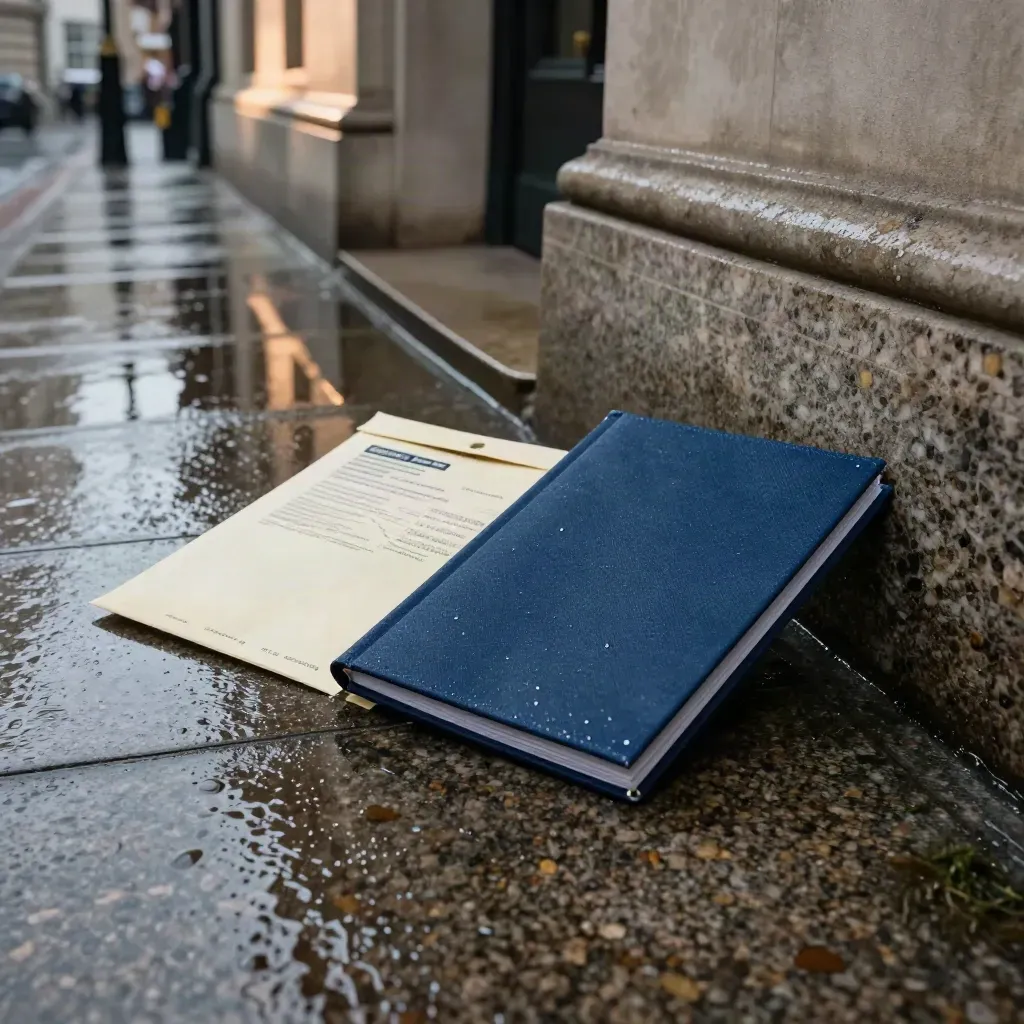 Natte stoep bij het gemeentehuis met dossiermap, envelop en granieten rand in donker regenlicht.