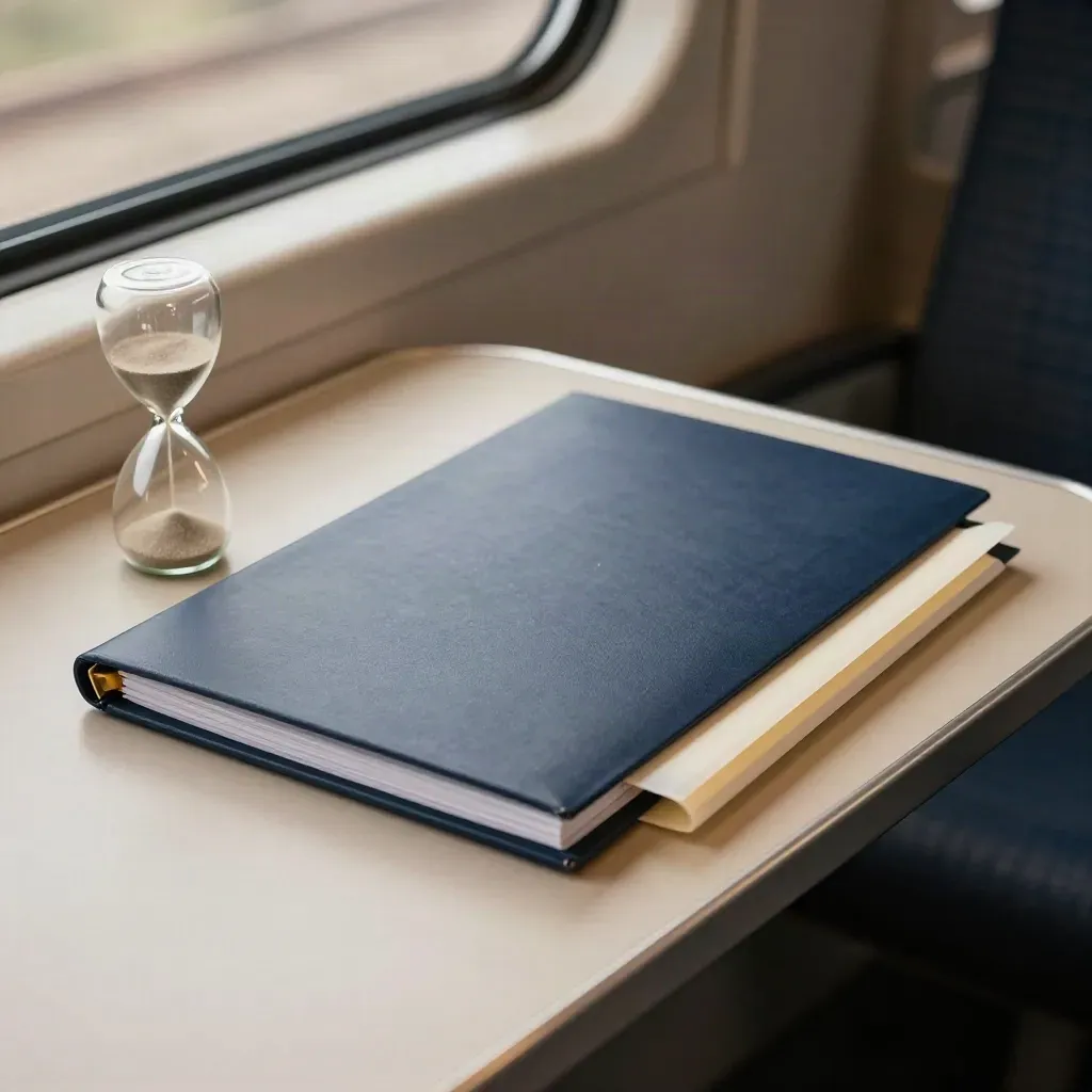 Pro forma bezwaar op een treintafel met map, brief en zandloper in zacht licht.
