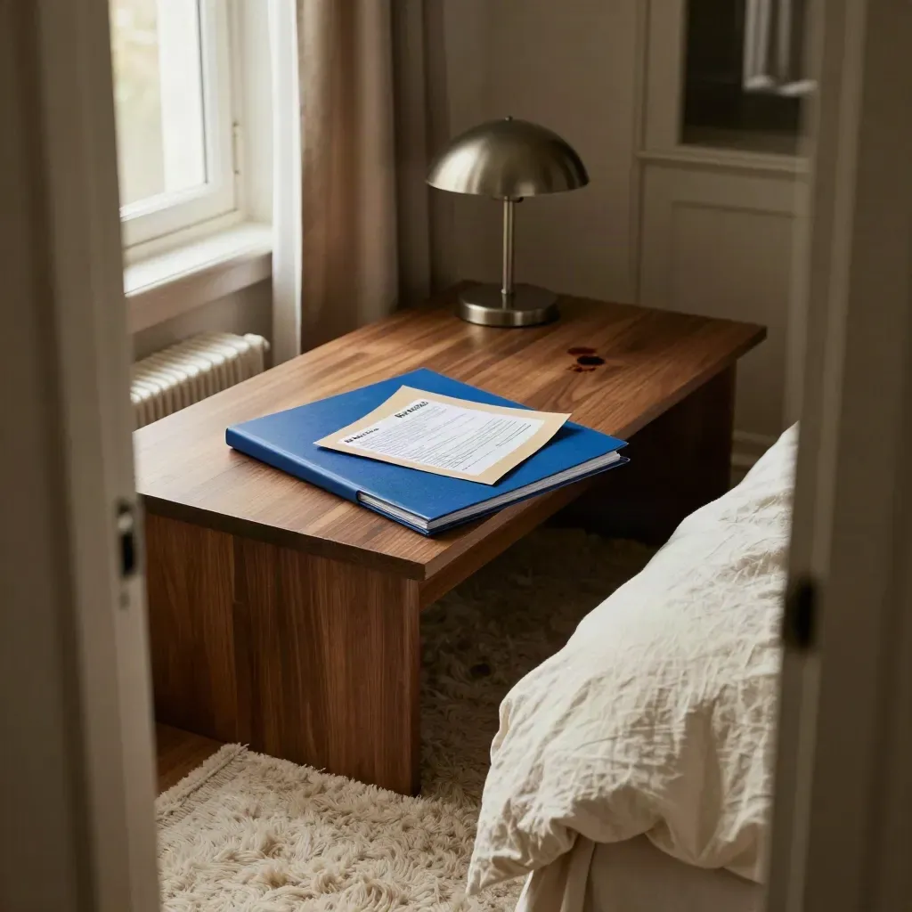 Blauwe dossiermap, opgevouwen brief en lamp op een klein bureau in warm ochtendlicht.
