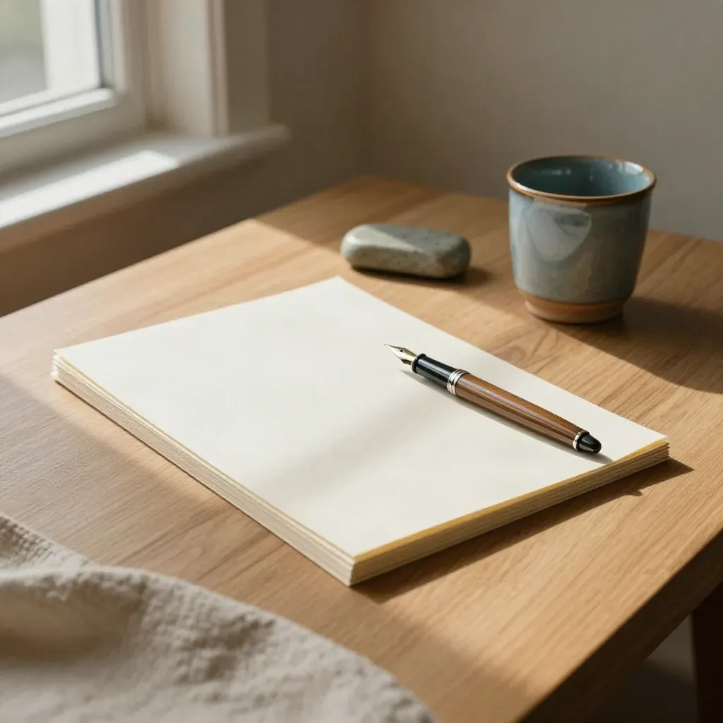 Houten schrijfbord met vulpen, papier, steen en aardewerken kopje in zacht vensterlicht.