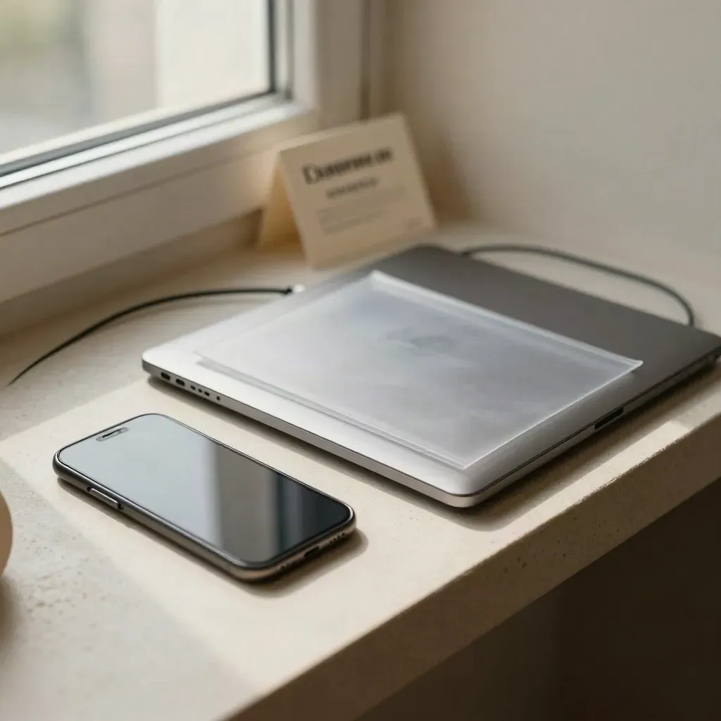 Gesloten laptop, smartphone, documentenhoes en kabel op een lichte plank in een rustige nis.