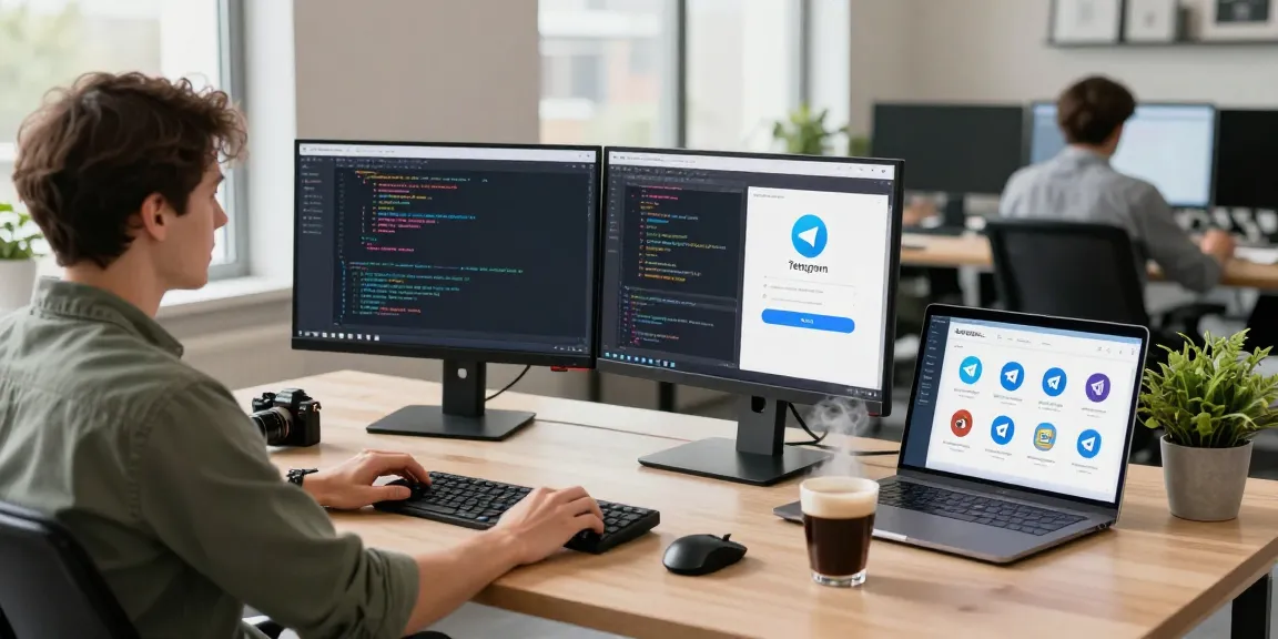 Download Telegram app in tech workspace with coding displays and design elements.