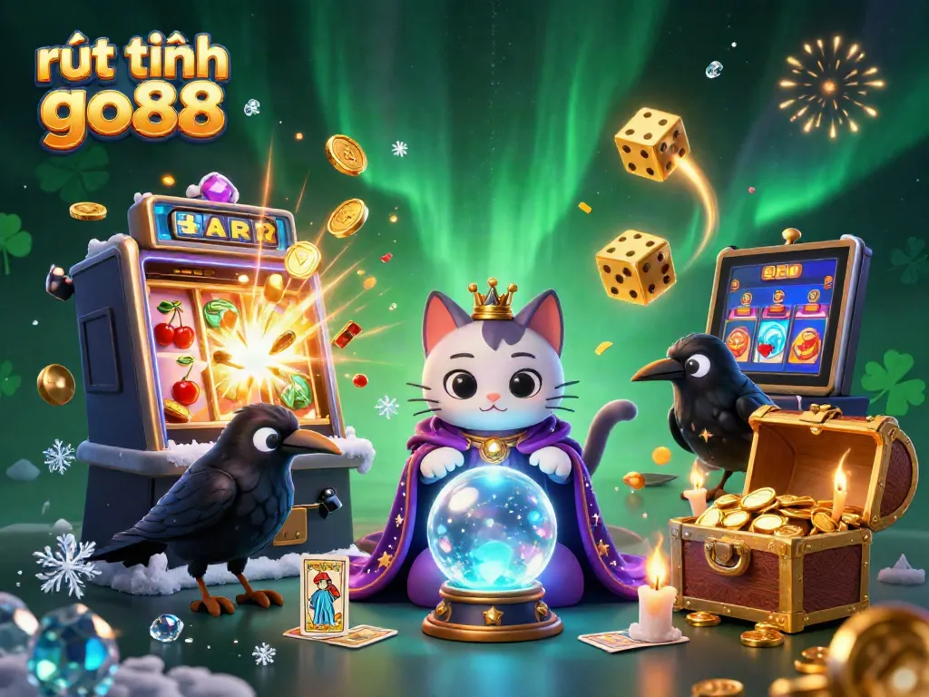 Engage with rút tiền go88 in a captivating scene featuring a mystic cat and a raven amid a vibrant casino atmosphere.