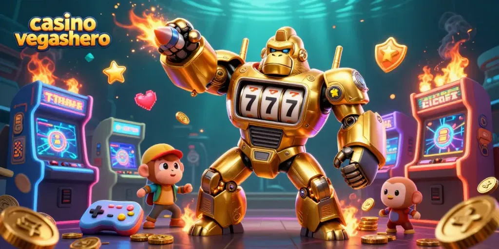 Experience thrilling gameplay at casino vegashero with dynamic golden mech characters and colorful gaming elements.