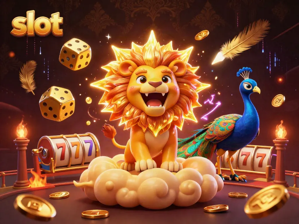 Experience the excitement of slot games with a 3D cartoon lion triumphing in a vibrant casino setting.
