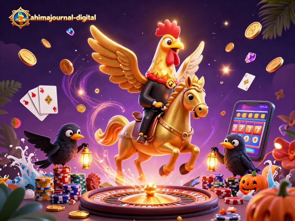 Experience the thrill of gaming at ahimajournal-digital with a golden rooster in a vibrant casino scene.