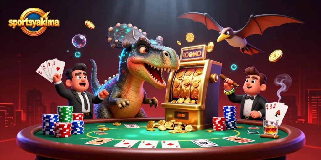 Enjoying thrilling jackpots at sportsyakima casino with a cartoon dinosaur winning coins.