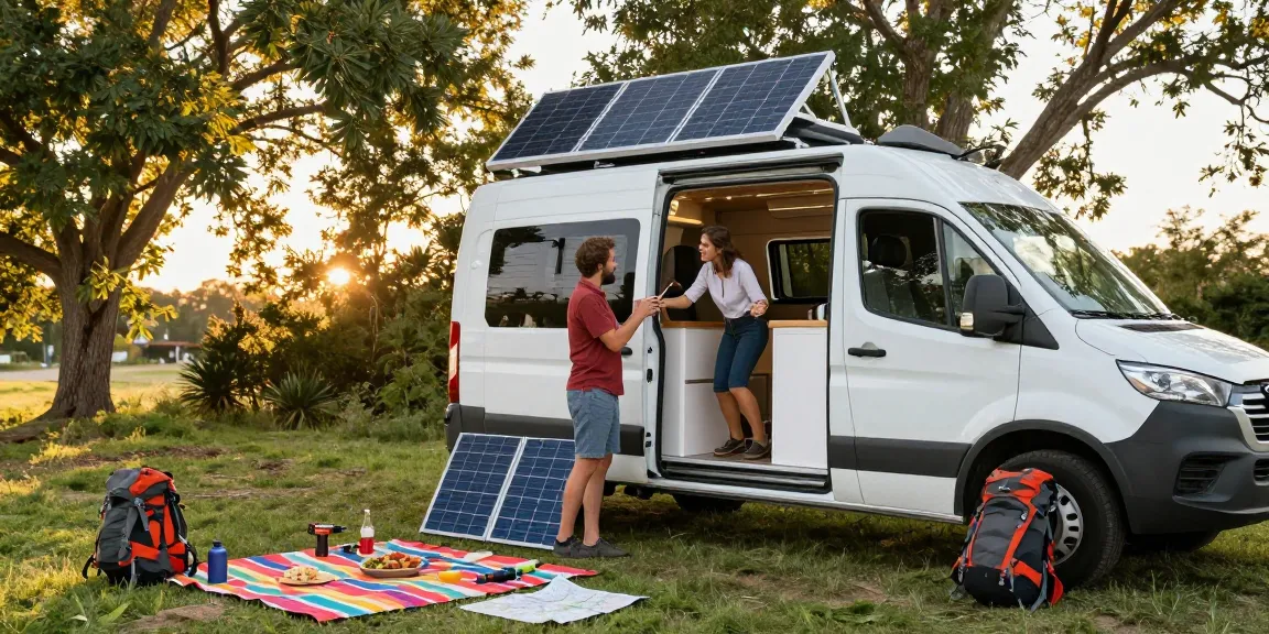 Couple enjoying the van conversion process with solar panels and tools in the golden hour, showcasing their rokok88 login journey.