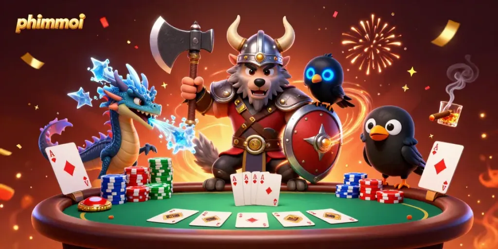 Experience the thrill of phimmoi with a Viking wolf warrior and vibrant casino elements.