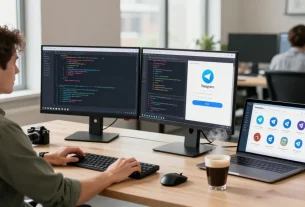 Download Telegram app in tech workspace with coding displays and design elements.
