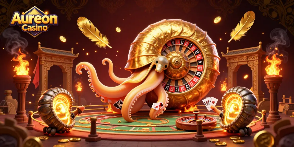 Aureon Casino illustration featuring a giant nautilus roulette wheel integrating casino elements like cards and golden coins.