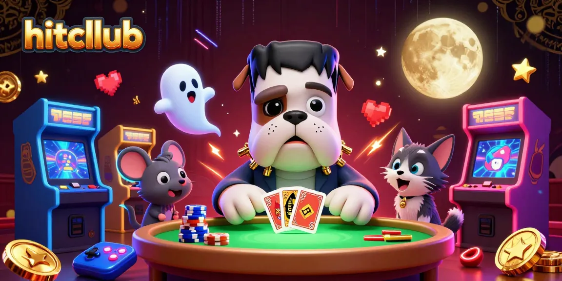 Engage with hitcllub's thrilling casino games featuring a Frankenstein bulldog dealer, neon arcade elements, and spooky atmosphere.